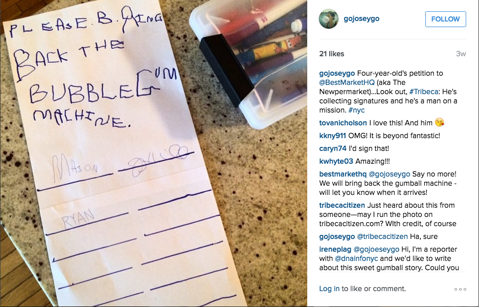 Four-year-old Mason Miller's petition to bring back an old fashioned coin-op gumball machine in his Tribeca neighborhood supermarket.