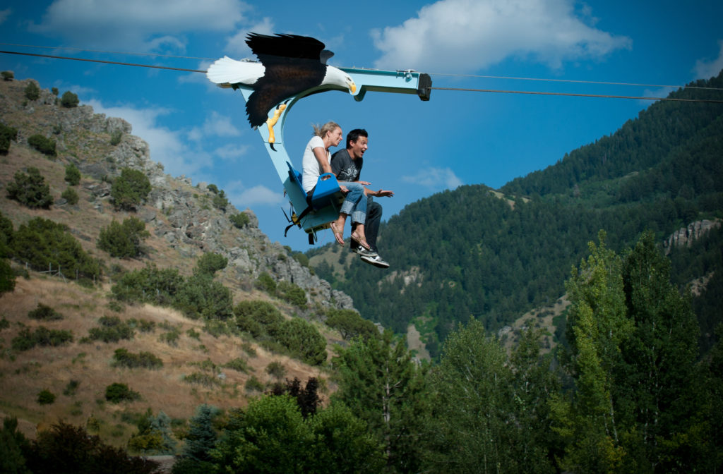 Guests zooming along on Soaring Eagle's Zip Line