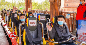 Chinese theme park visitors with masks