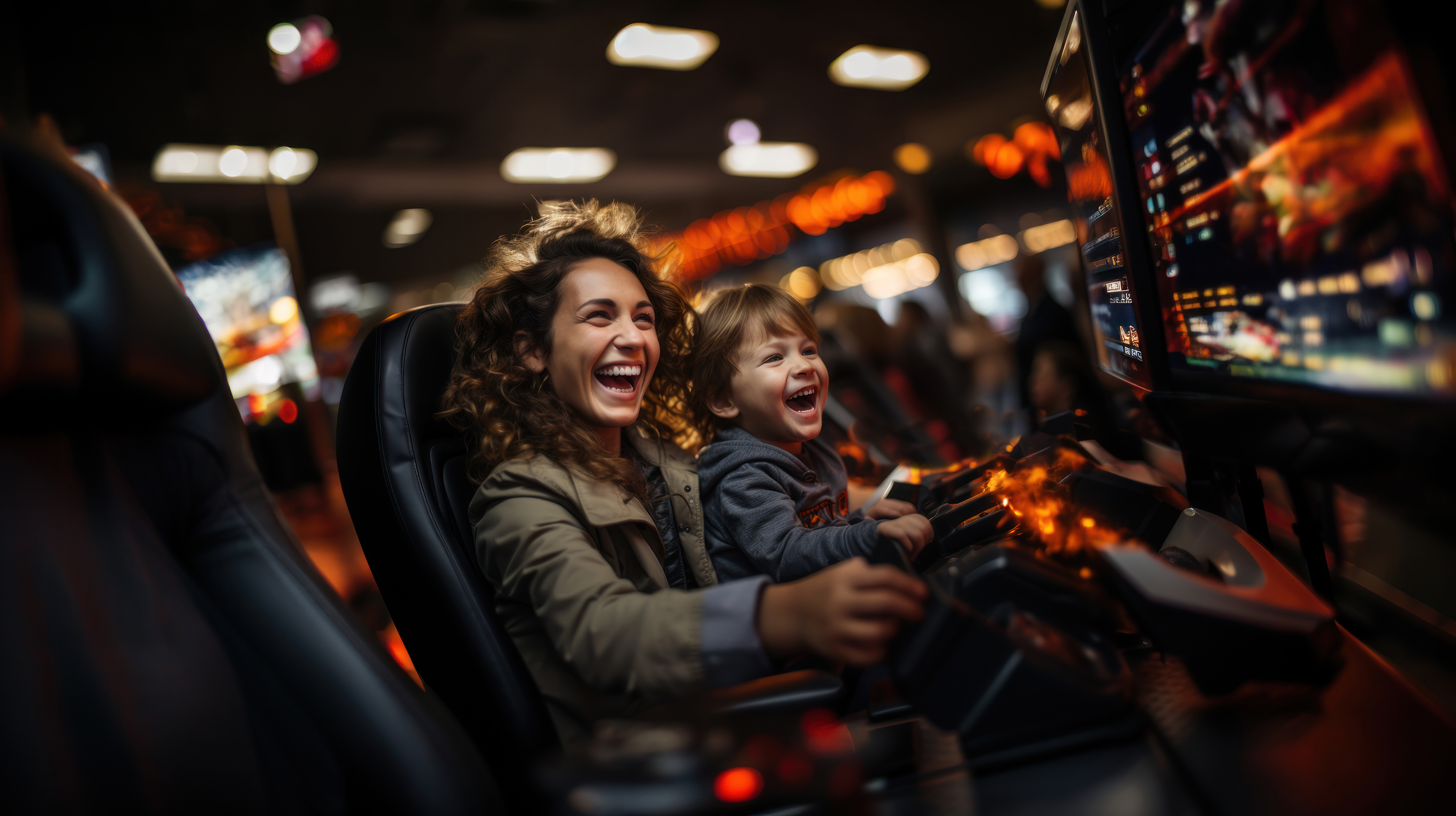 Adobe Stock with AI - mom and son in arcade, driving game