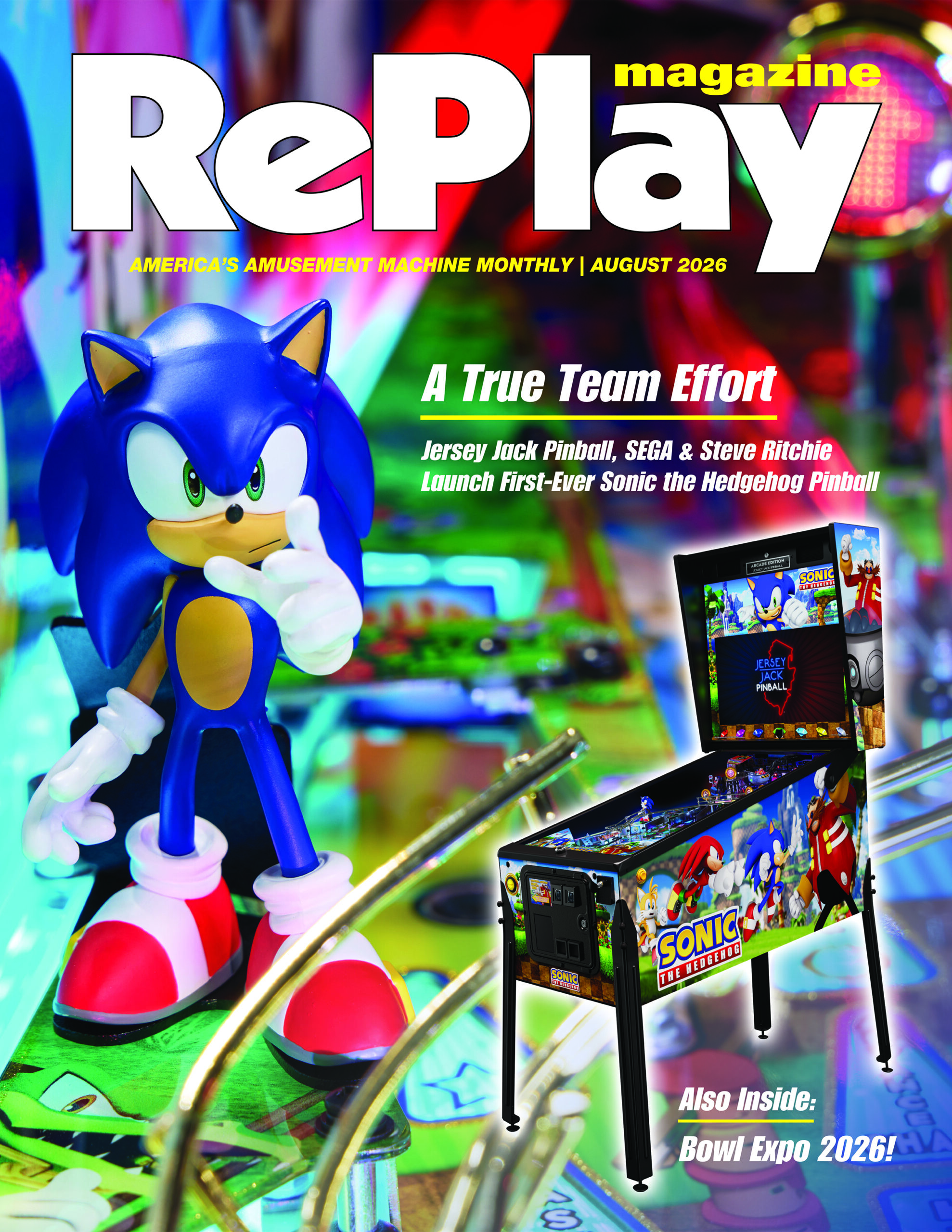 RePlay August 2026 Cover - Jersey Jack Pinball Sonic the Hedgehog “Built for Flow” by Steve Ritchie & Tea
